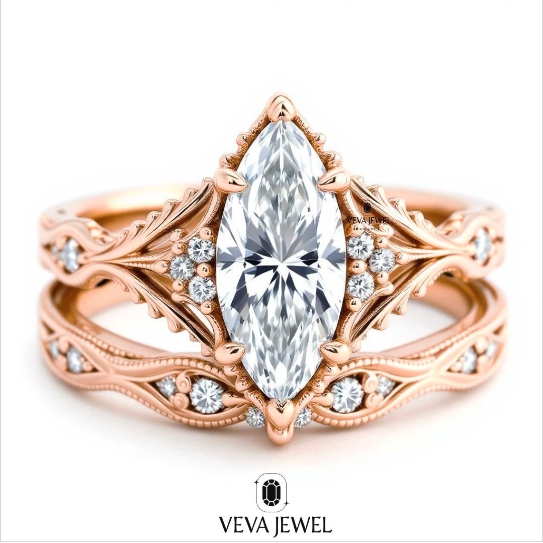 Vintage leaf diamond engagement ring with band