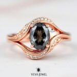 2 Carat Dark Grey Moissanite Ring | Oval Cut Vintage Bypass Engagement Ring | Yellow Gold Filigree Band | Unique Bridal Ring Gift