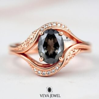 2 Carat Dark Grey Moissanite Ring | Oval Cut Vintage Bypass Engagement Ring | Yellow Gold Filigree Band | Unique Bridal Ring Gift