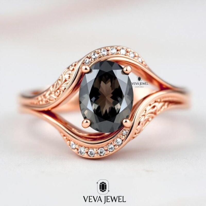 2 Carat Dark Grey Moissanite Ring | Oval Cut Vintage Bypass Engagement Ring | Yellow Gold Filigree Band | Unique Bridal Ring Gift