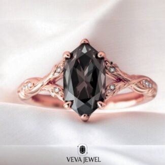 4 Carat Dark Grey Dutch Marquise Vintage Style Ring – Nature-Inspired Split Band Black Moissanite & Yellow Gold, Anniversary Gift for Wife