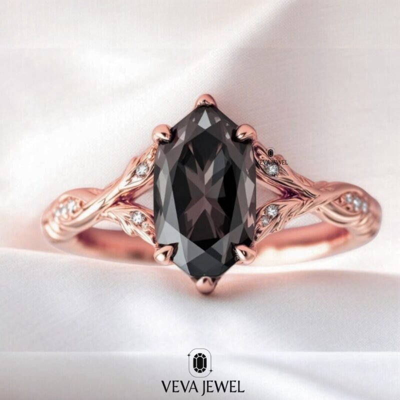 4 Carat Dark Grey Dutch Marquise Vintage Style Ring – Nature-Inspired Split Band Black Moissanite & Yellow Gold, Anniversary Gift for Wife