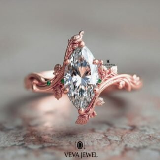 3 Carat Marquise Moissanite Ring | Nature-Inspired Leaf Engagement Ring | Gold Vine Ring with Emerald Accents | VEVA JEWEL Bridal Jewelry