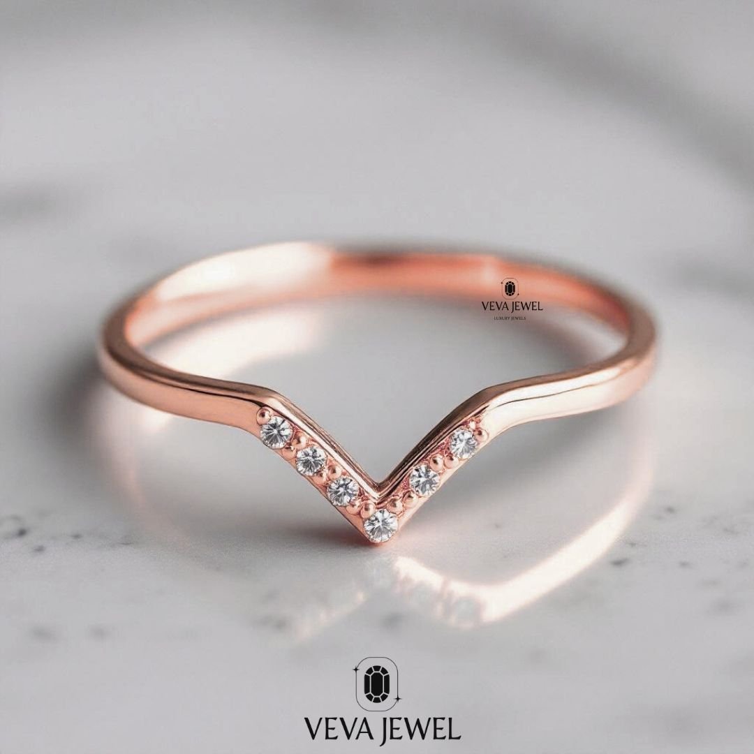 Chevron Lab Grown Diamond Wedding Band | Gold V Shaped Stacking Ring | Minimalist Contour Band | VEVA JEWEL Bridal Jewelry