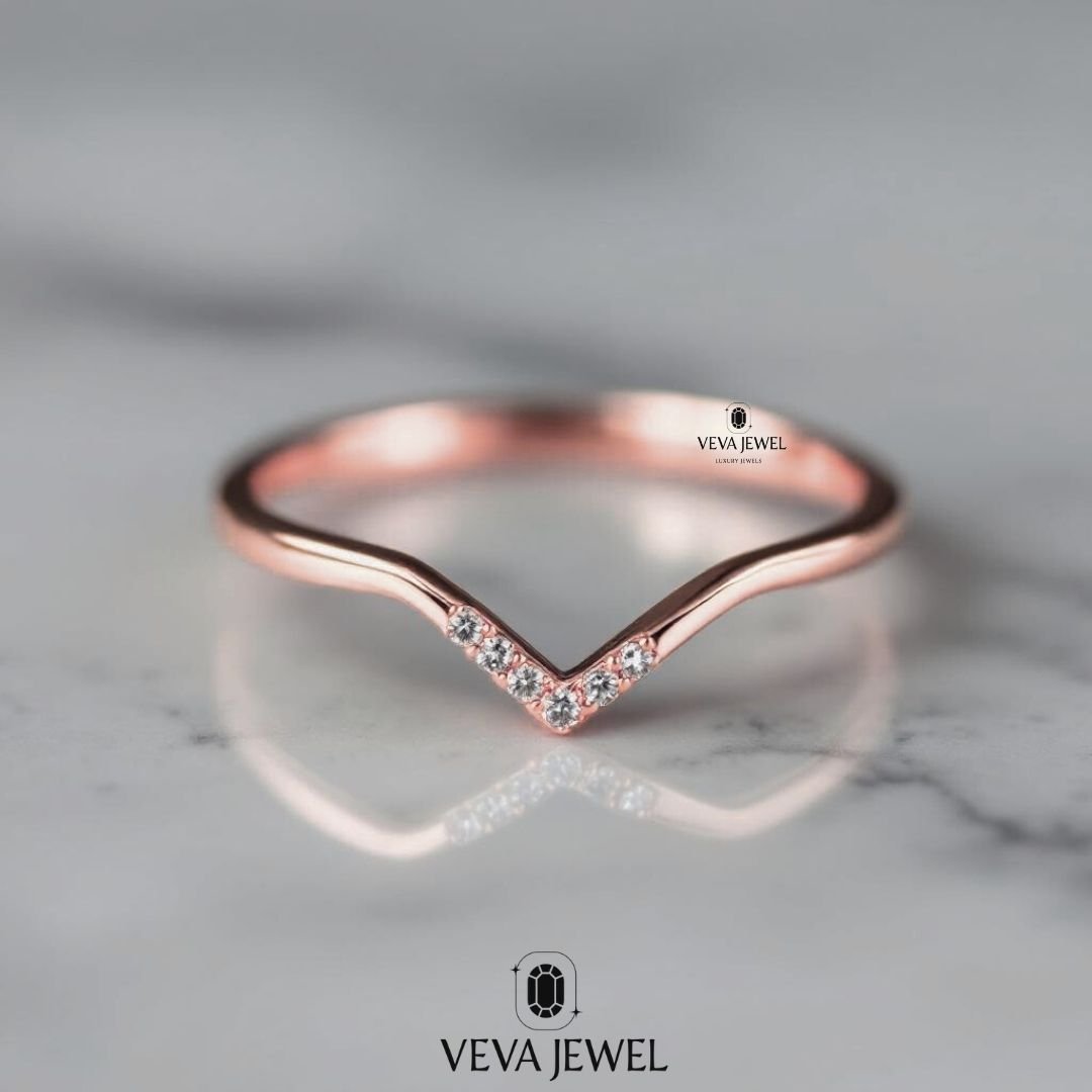 Dainty Chevron Diamond Wedding Band | Minimalist Lab Grown Diamond V Ring | Thin Stacking Gold Ring | VEVA JEWEL Bridal Jewelry