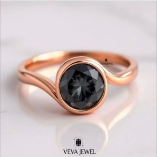2 Carat Grey Moissanite Bezel Set Ring | Round Cut in Gold Bypass Band | Modern Minimal Engagement Ring | Unique Alternative Bridal Jewelry