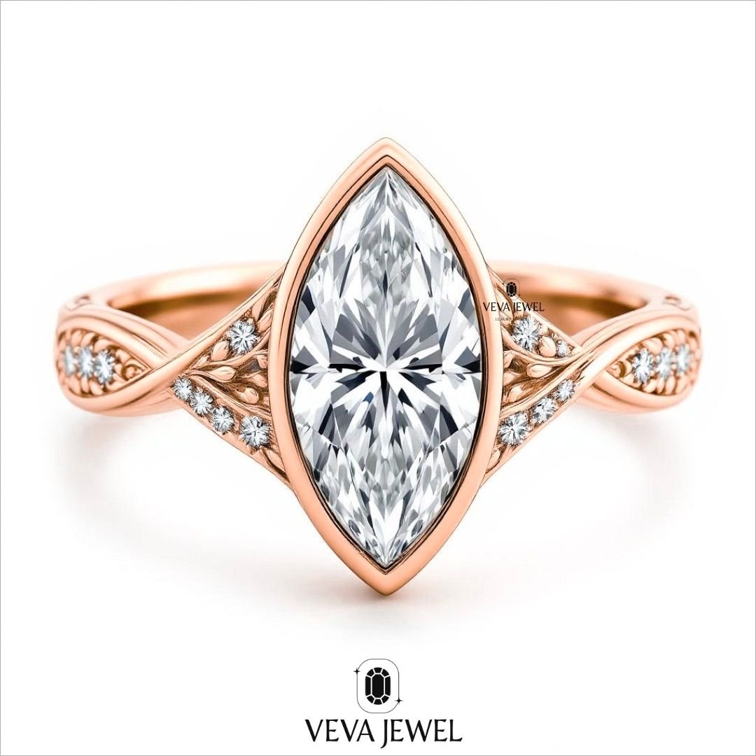 Vintage style marquise bezel set Yellow Gold Engagement Ring