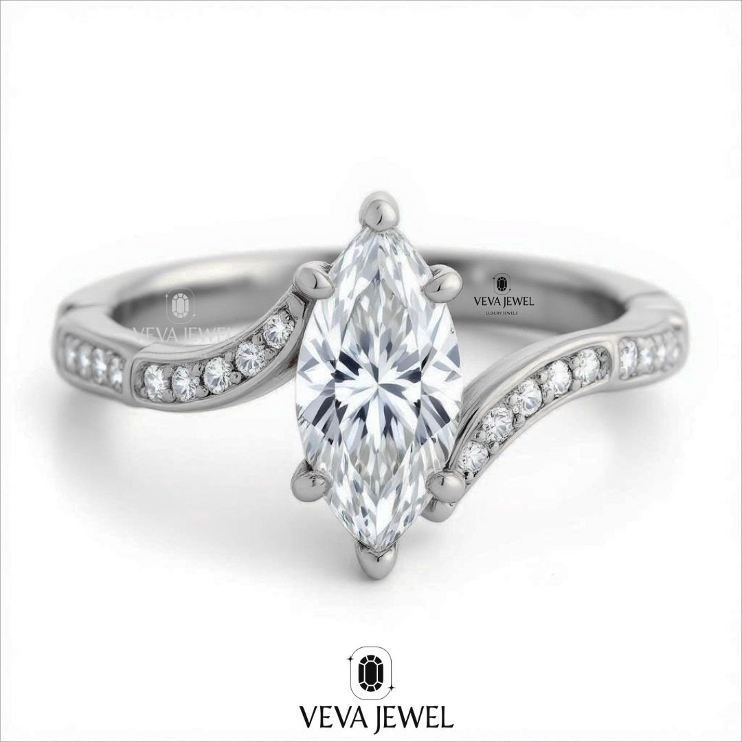 Unique curved band engagement ring with a center marquise moissanite, sculpted gold setting, ideal for brides seeking non-traditional wedding rings.