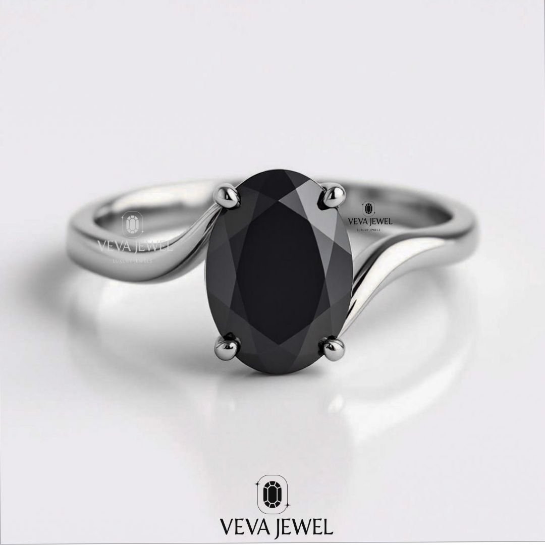 2 Carat Oval Black Diamond Bypass Engagement Ring in Yellow Gold - Front View white gold