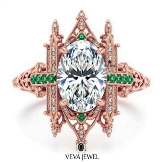 Vintage cathedral engagement ring with oval lab diamond