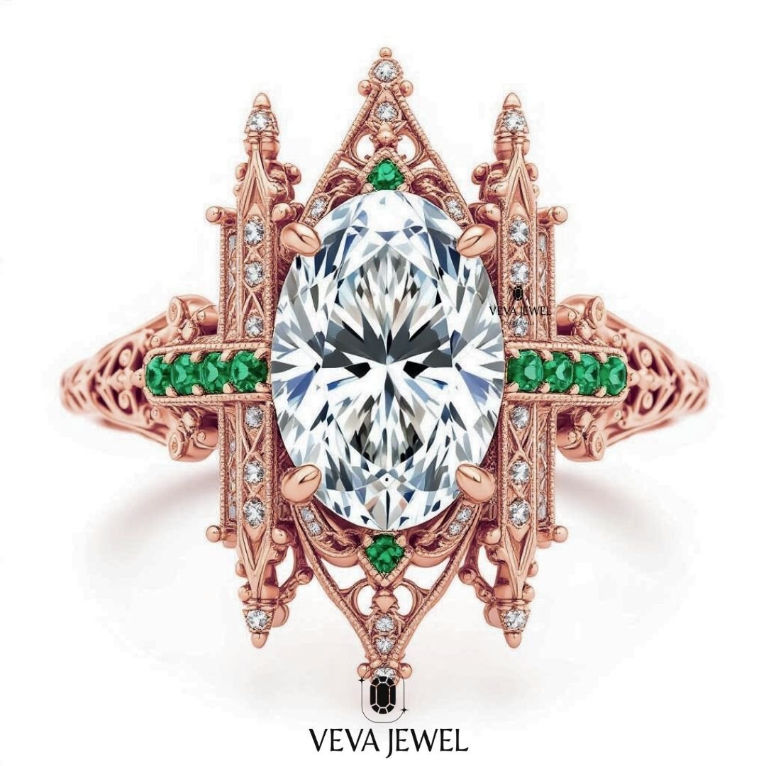 Vintage cathedral engagement ring with oval lab diamond