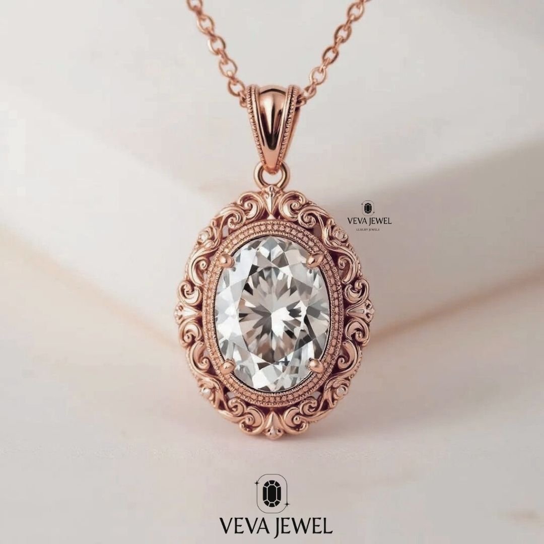 Oval moissanite pendant necklace in yellow gold