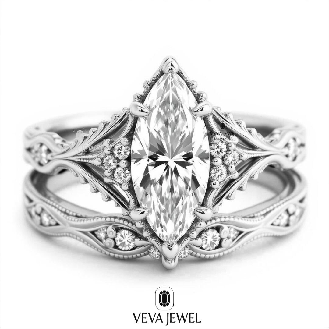 Floral vintage diamond engagement ring set