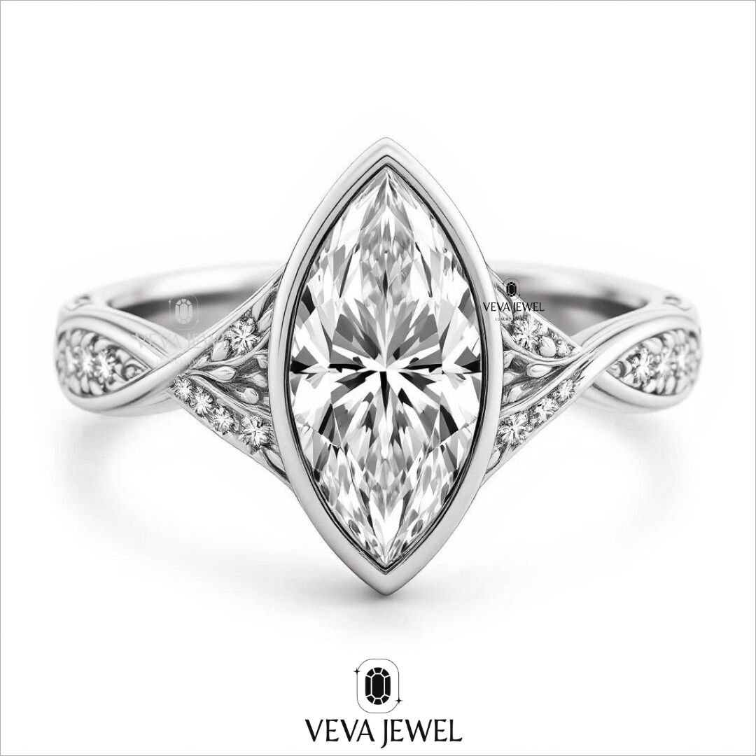 3 Carat Marquise Moissanite Engagement Ring | Twisted Gold Vintage Band | Leaf Filigree Ring | Unique Bridal Ring | Antique Vintage Style