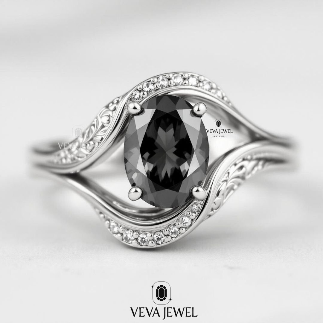 2 Carat Dark Grey Moissanite Ring | Oval Cut Vintage Bypass Engagement Ring | Yellow Gold Filigree Band | Unique Bridal Ring Gift