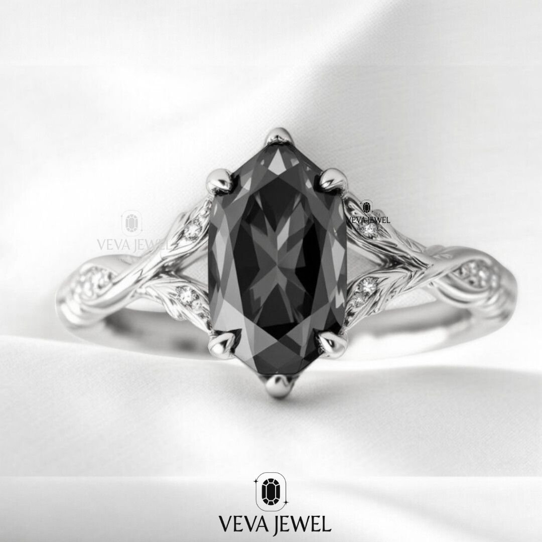 4 Carat Dark Grey Dutch Marquise Vintage Style Ring – Nature-Inspired Split Band Black Moissanite & Yellow Gold, Anniversary Gift for Wife
