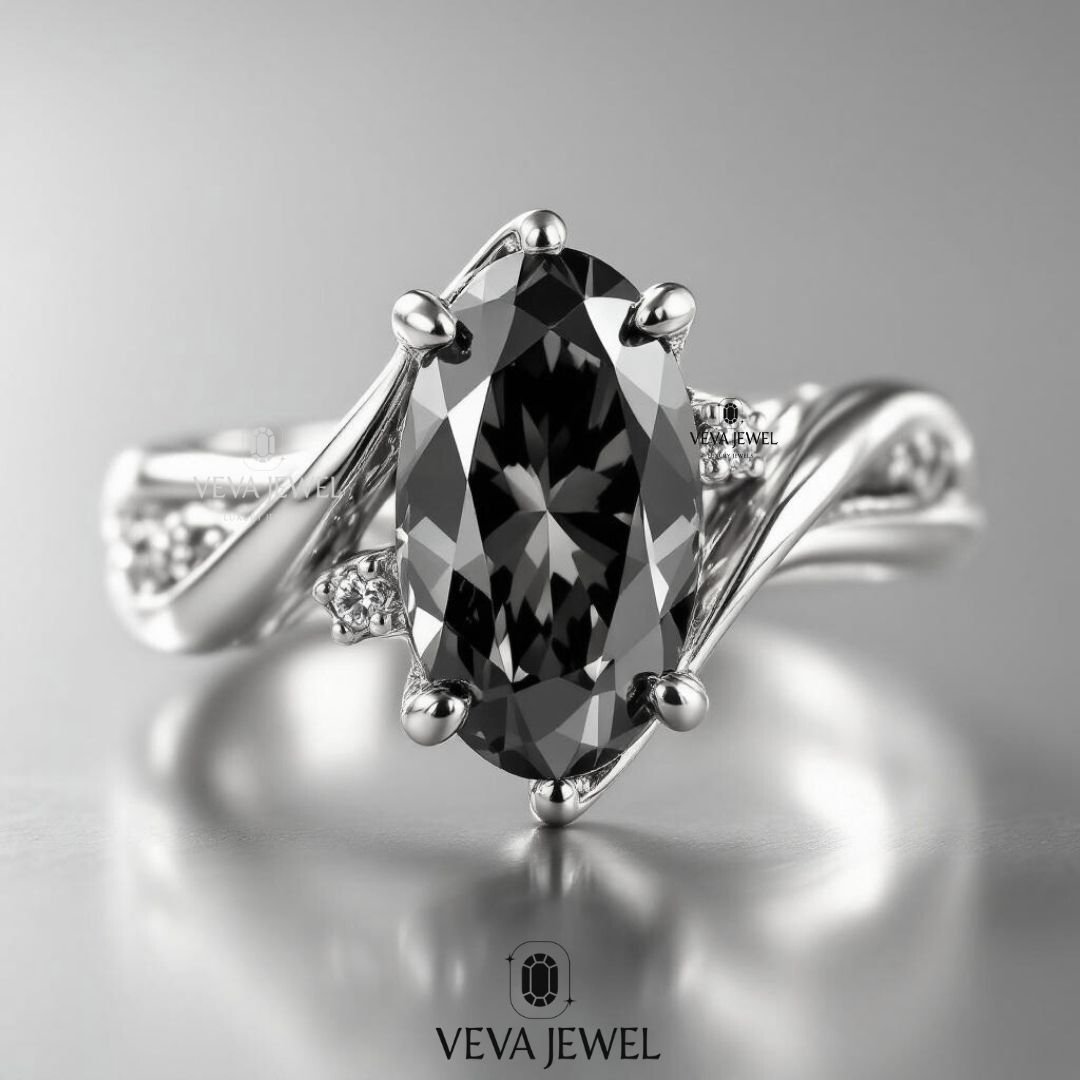4 Carat Dark Grey Oval Moissanite Ring | Twisted Yellow Gold Engagement Ring | Vintage Style Statement Ring | Moval Engagement Ring for Gift
