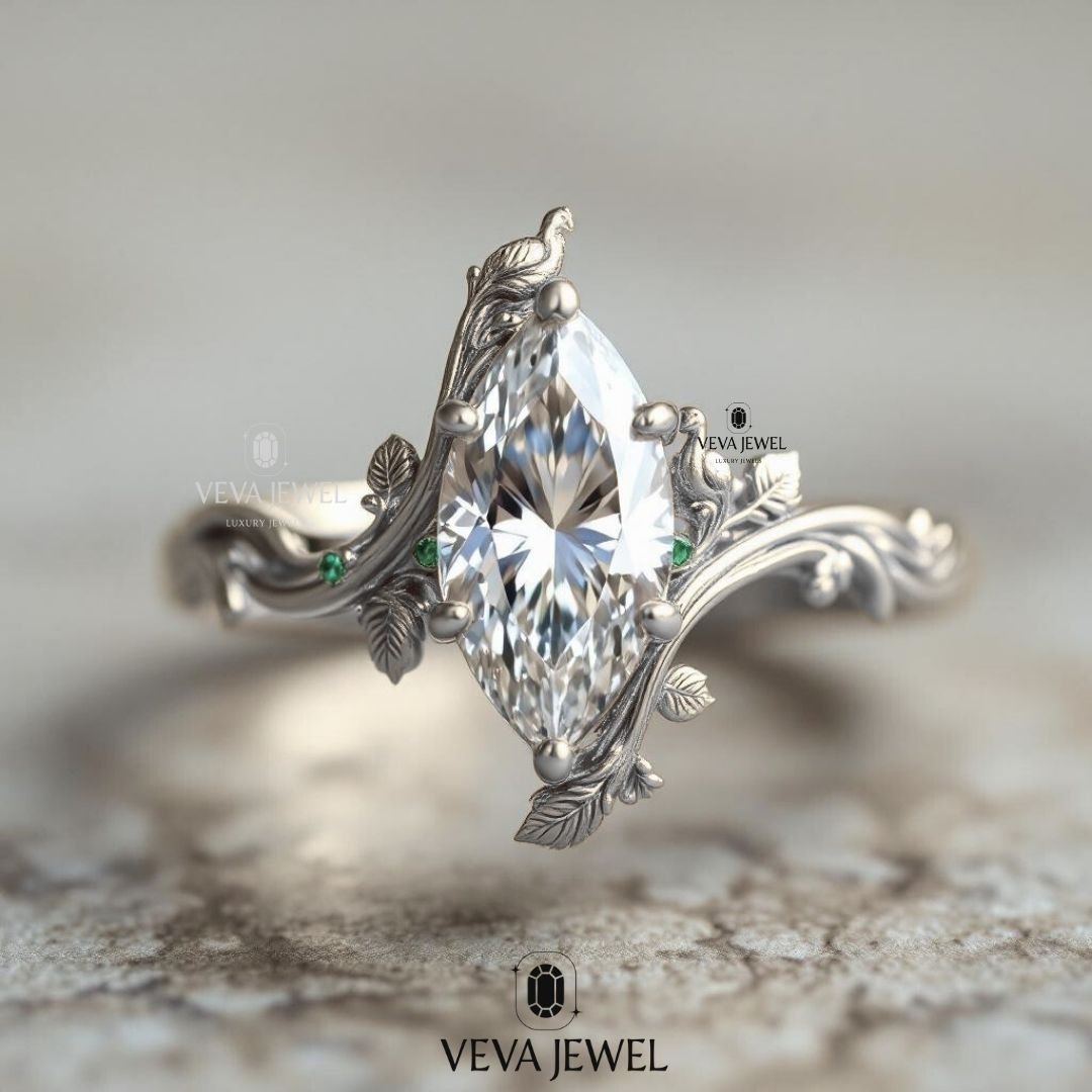 3 Carat Marquise Moissanite Ring | Nature-Inspired Leaf Engagement Ring | Gold Vine Ring with Emerald Accents | VEVA JEWEL Bridal Jewelry