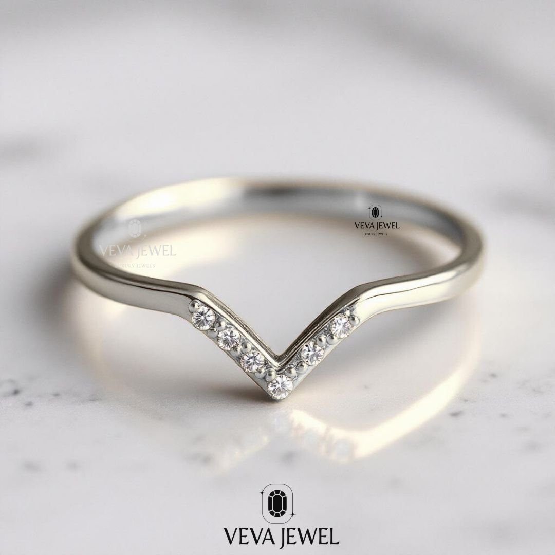 Chevron Lab Grown Diamond Wedding Band | Gold V Shaped Stacking Ring | Minimalist Contour Band | VEVA JEWEL Bridal Jewelry