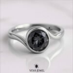 2 Carat Grey Moissanite Bezel Set Ring | Round Cut in Gold Bypass Band | Modern Minimal Engagement Ring | Unique Alternative Bridal Jewelry