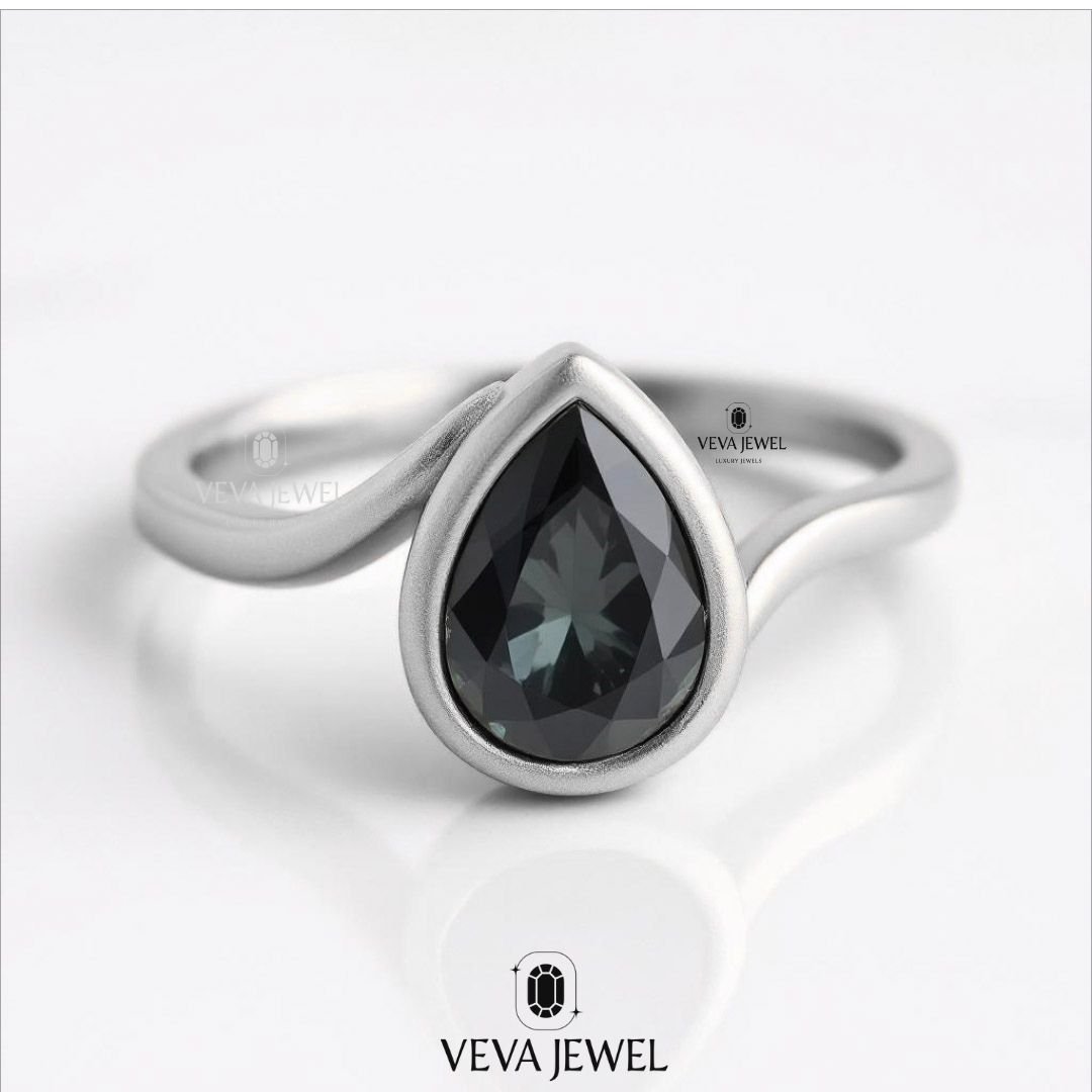 pear shaped grey moissanite gold ring