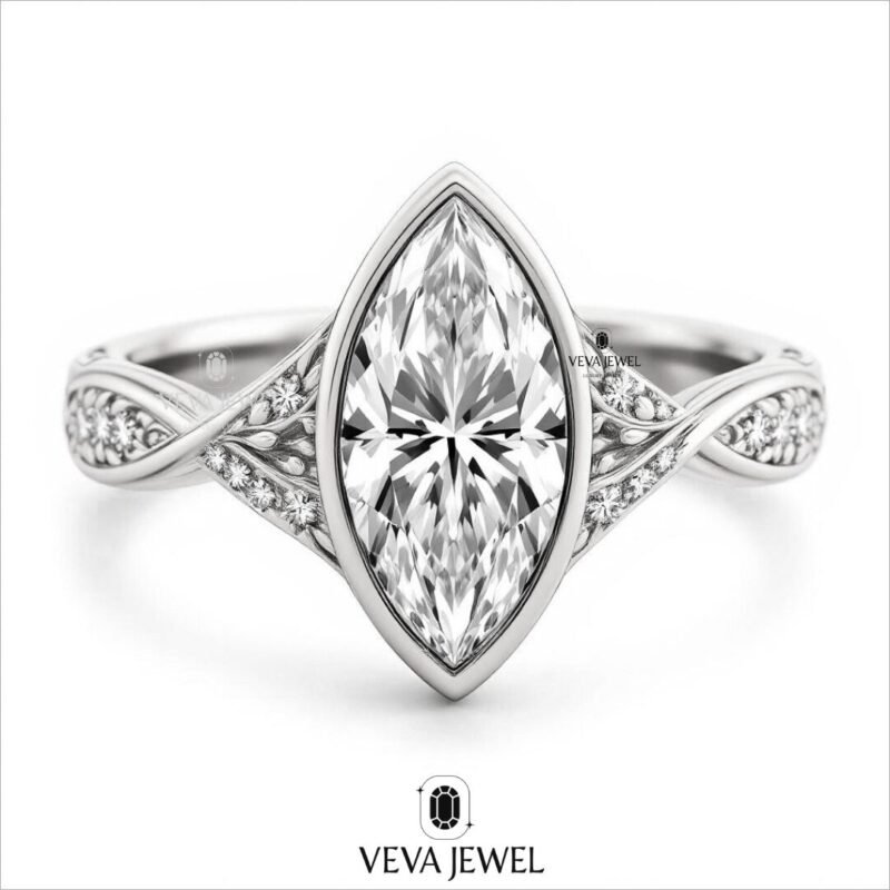 Vintage style marquise bezel set Yellow Gold Engagement Ring