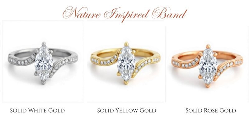 Artistic marquise cut moissanite ring set in a bypass style gold band, handcrafted for a modern yet timeless romantic engagement look.