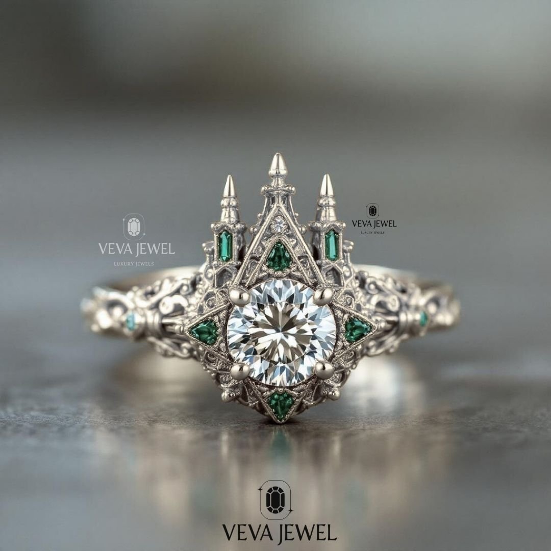 Church inspired wedding ring with vintage gold finish