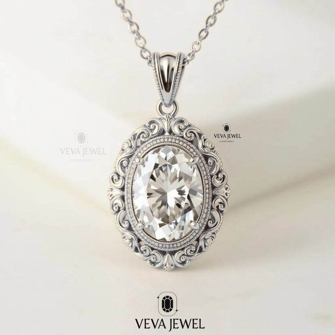 Classic halo moissanite pendant with ornate design