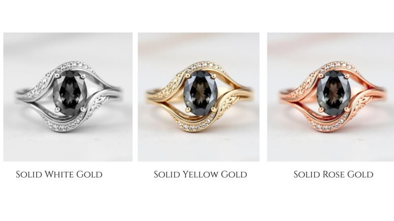 2 Carat Dark Grey Moissanite Ring | Oval Cut Vintage Bypass Engagement Ring | Yellow Gold Filigree Band | Unique Bridal Ring Gift