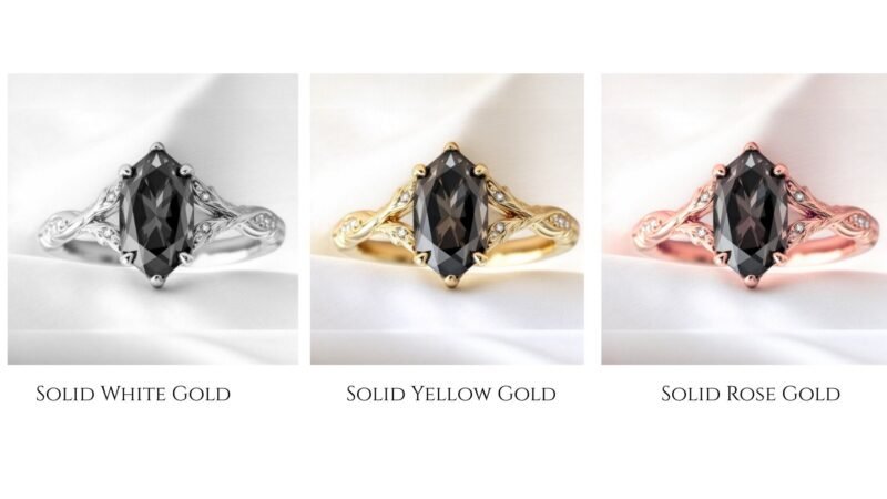 4 Carat Dark Grey Dutch Marquise Vintage Style Ring – Nature-Inspired Split Band Black Moissanite & Yellow Gold, Anniversary Gift for Wife