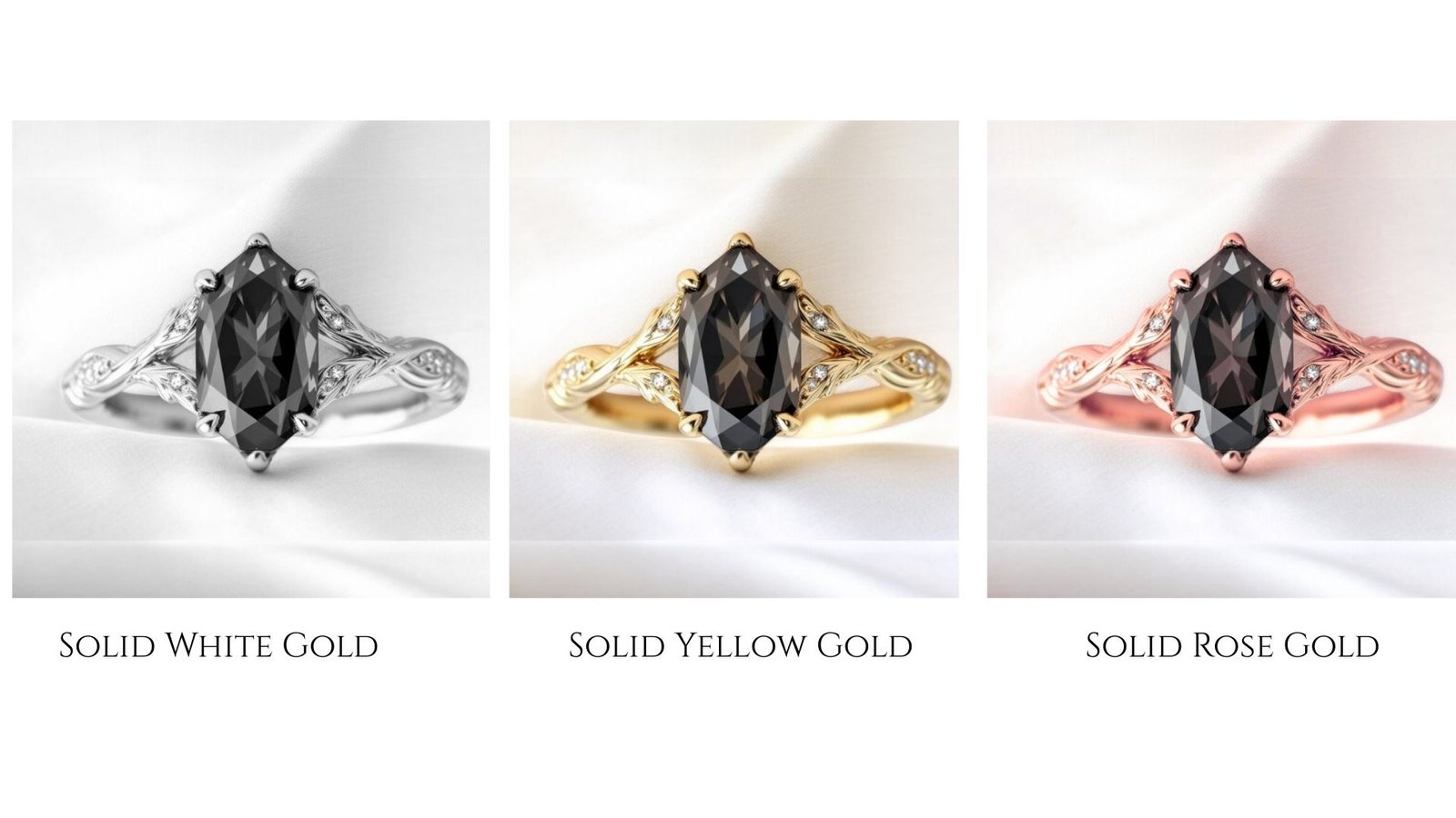 4 Carat Dark Grey Dutch Marquise Vintage Style Ring – Nature-Inspired Split Band Black Moissanite & Yellow Gold, Anniversary Gift for Wife