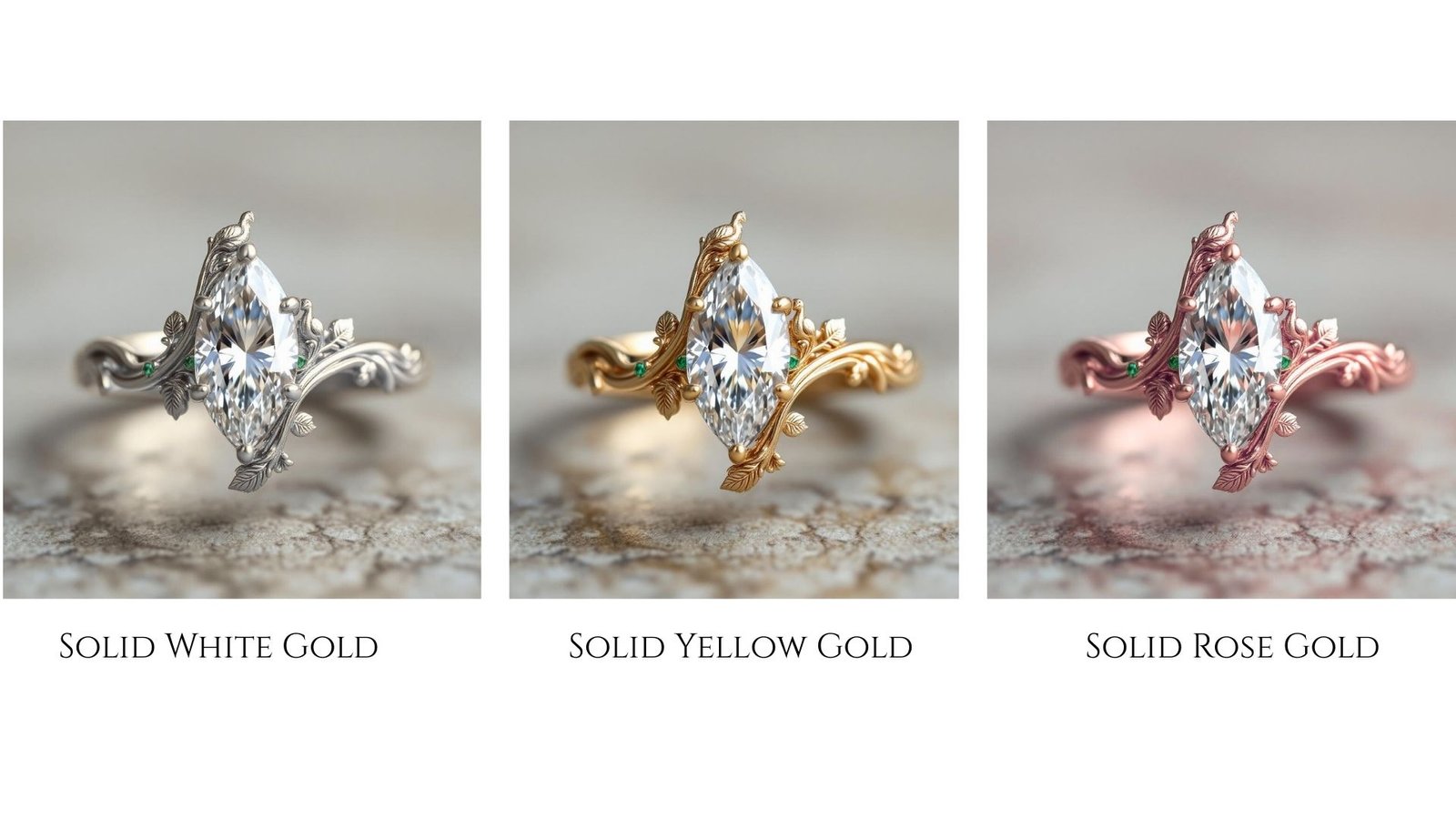 3 Carat Marquise Moissanite Ring | Nature-Inspired Leaf Engagement Ring | Gold Vine Ring with Emerald Accents | VEVA JEWEL Bridal Jewelry