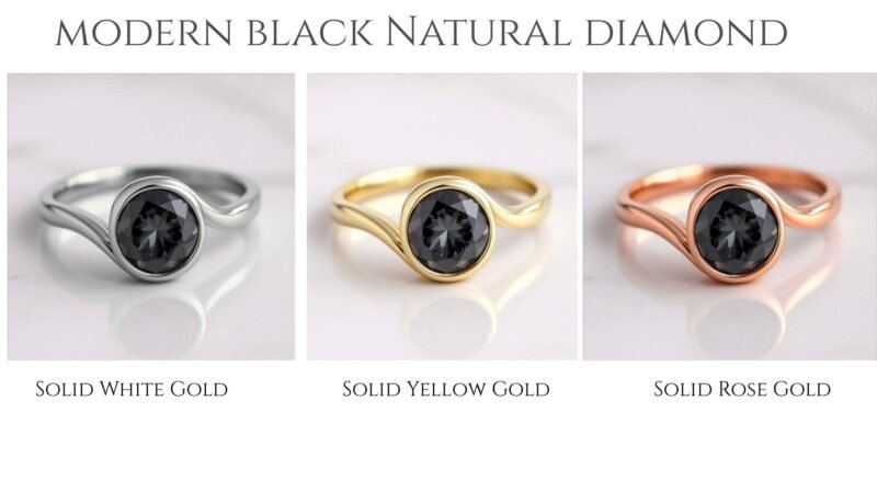 2 Carat Grey Moissanite Bezel Set Ring | Round Cut in Gold Bypass Band | Modern Minimal Engagement Ring | Unique Alternative Bridal Jewelry
