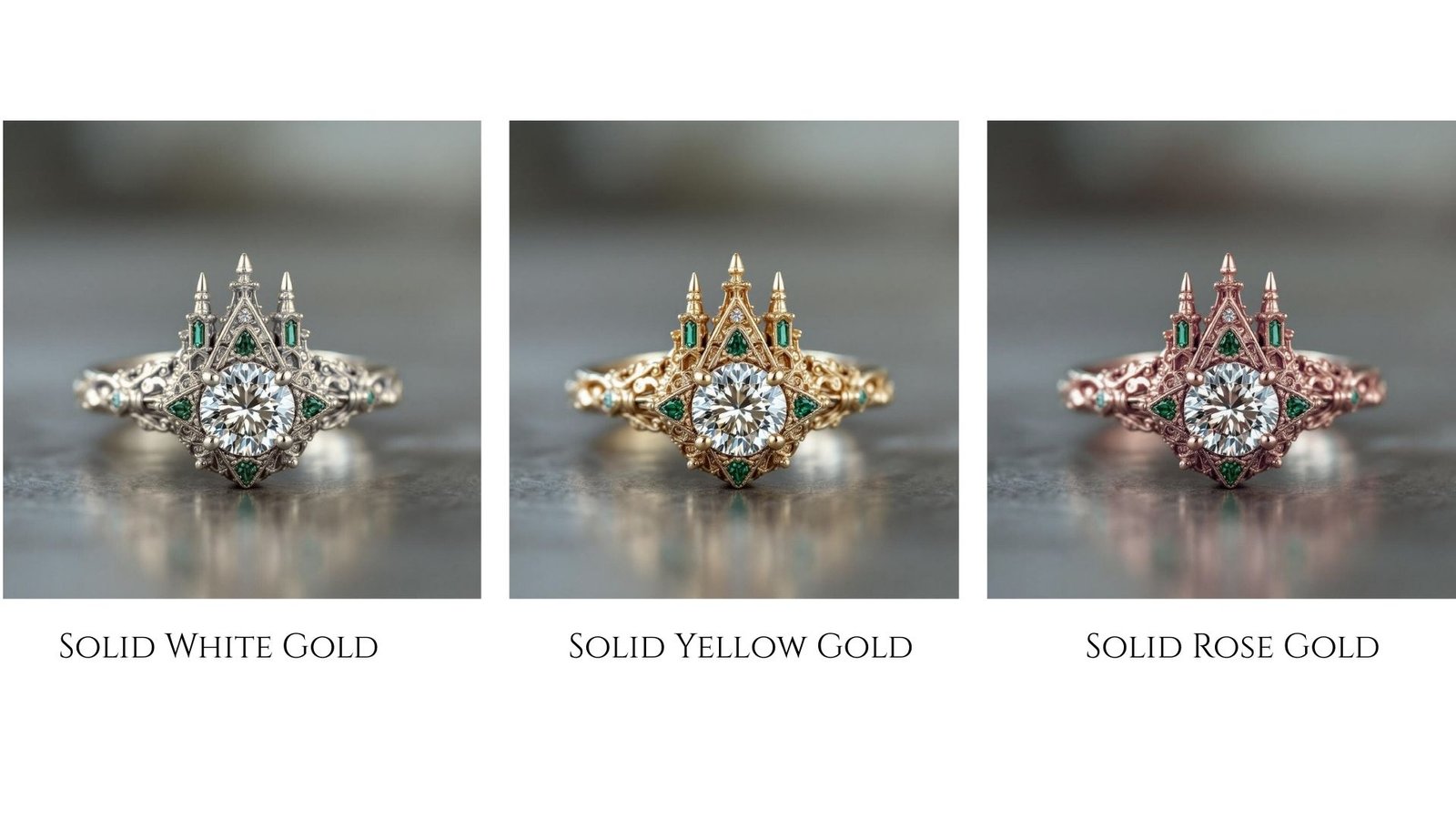 Antique style diamond ring with green accent stones
