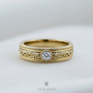 0.50 Carat Diamond Vintage Inspired Gold Band, Unique Engraved Wedding Ring, Antique Style Engagement Ring, Handmade Jewelry