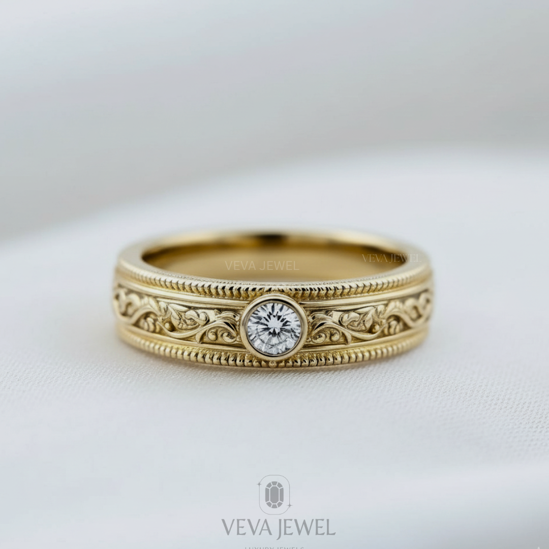 0.50 Carat Diamond Vintage Inspired Gold Band, Unique Engraved Wedding Ring, Antique Style Engagement Ring, Handmade Jewelry