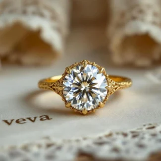 2 Carat Round Diamond Vintage Inspired Engagement Ring, Intricate Gold Filigree Antique Style Ring