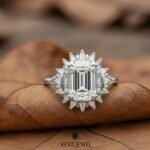 classic emerald cut diamond ring with unique halo