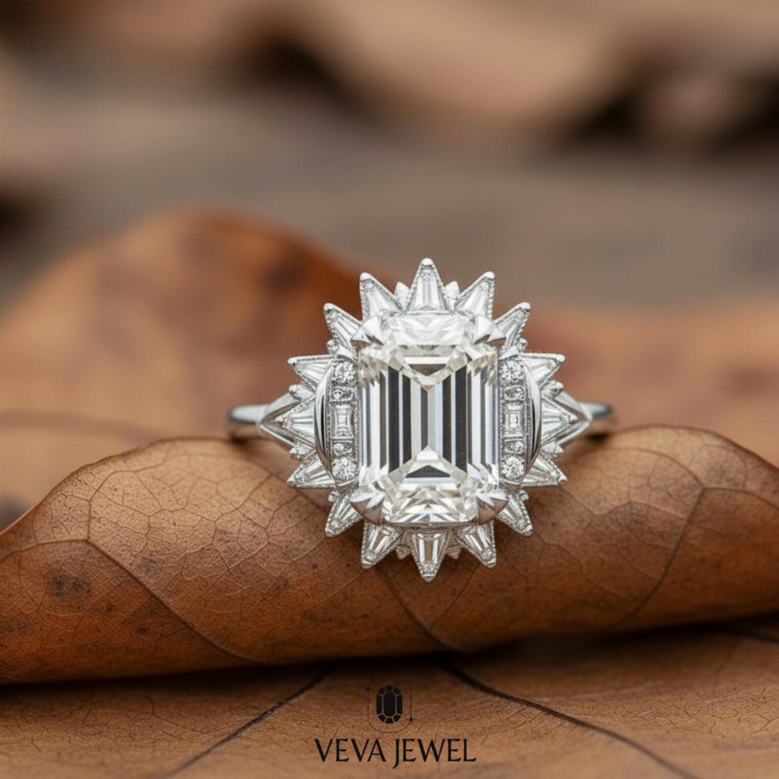classic emerald cut diamond ring with unique halo