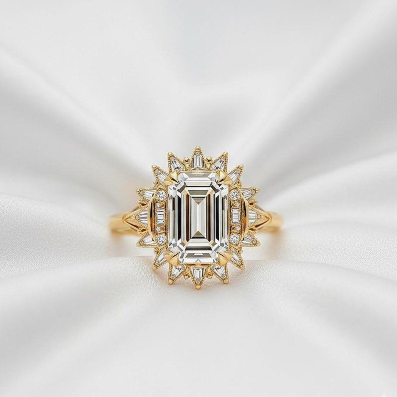 3 Carat Emerald Cut Diamond Vintage Style Sunburst Wedding Ring, Antique Engagement Ring, Diamond Anniversary Ring, Gatsby Ring