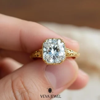 Cushion cut moissanite engagement ring in gold
