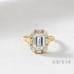 Vintage Emerald Cut Diamond Engagement Ring, Art Deco Baguette Diamond Halo Ring, Unique 14K Gold Anniversary Ring, Bridal Jewelry