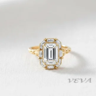 Vintage Emerald Cut Diamond Engagement Ring, Art Deco Baguette Diamond Halo Ring, Unique 14K Gold Anniversary Ring, Bridal Jewelry