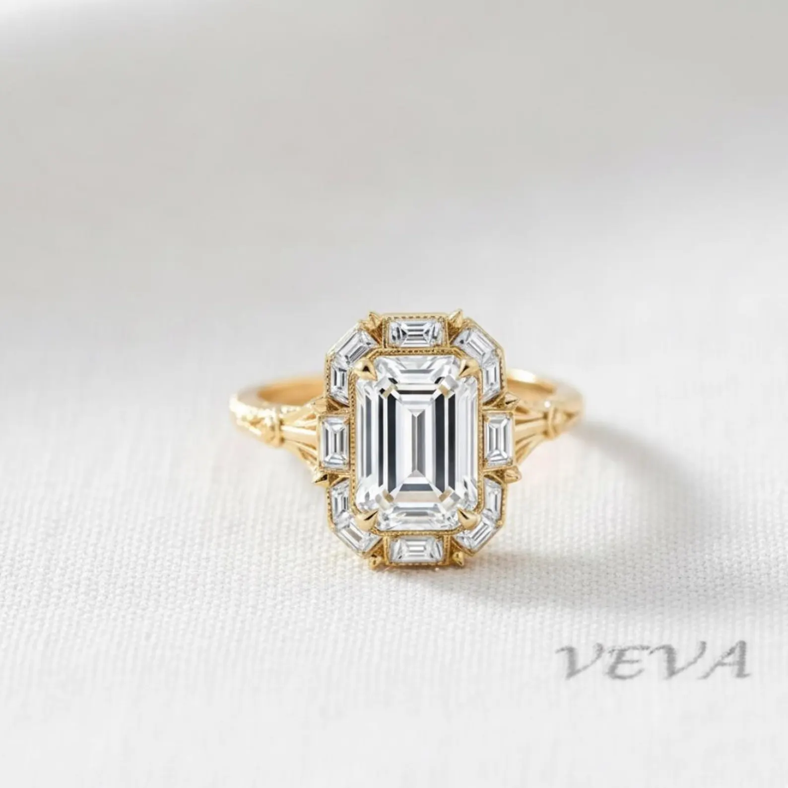 Vintage Emerald Cut Diamond Engagement Ring, Art Deco Baguette Diamond Halo Ring, Unique 14K Gold Anniversary Ring, Bridal Jewelry