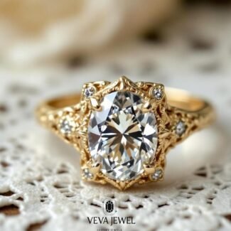 2 CT Oval Lab Grown Diamond Engagement Ring, Vintage Solitaire Diamond Ring, Intricate Filigree 14K Gold Ring, Unique Bridal Ring