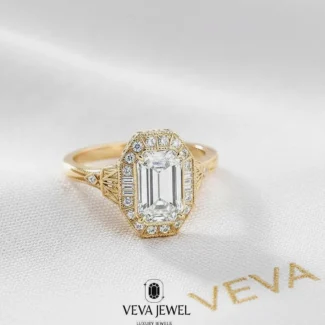Art Deco Emerald Cut Diamond Engagement Ring, Gold Vintage Style Bridal Ring, Unique Hexagon Halo Promise Ring, Anniversary Gift for Her