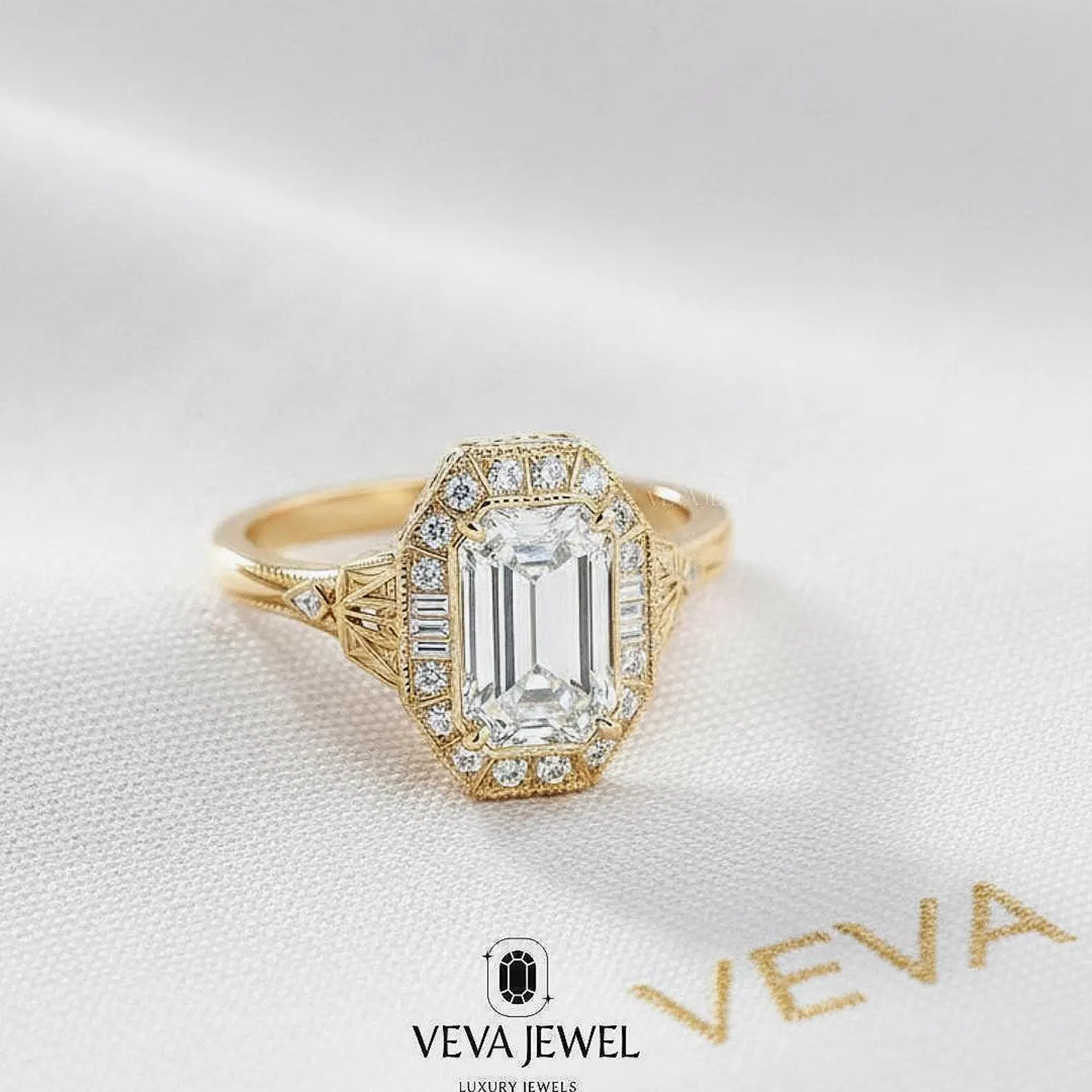 Art Deco Emerald Cut Diamond Engagement Ring, Gold Vintage Style Bridal Ring, Unique Hexagon Halo Promise Ring, Anniversary Gift for Her