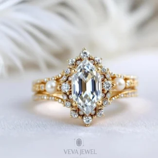 2 Carat Dutch Marquise Diamond Ring Set | Vintage Inspired Halo Engagement Ring with Pearls | Solid Gold Bridal Jewelry, Queen Style Ring