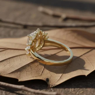 Elongated hexagon diamond ring with floral halo setting
